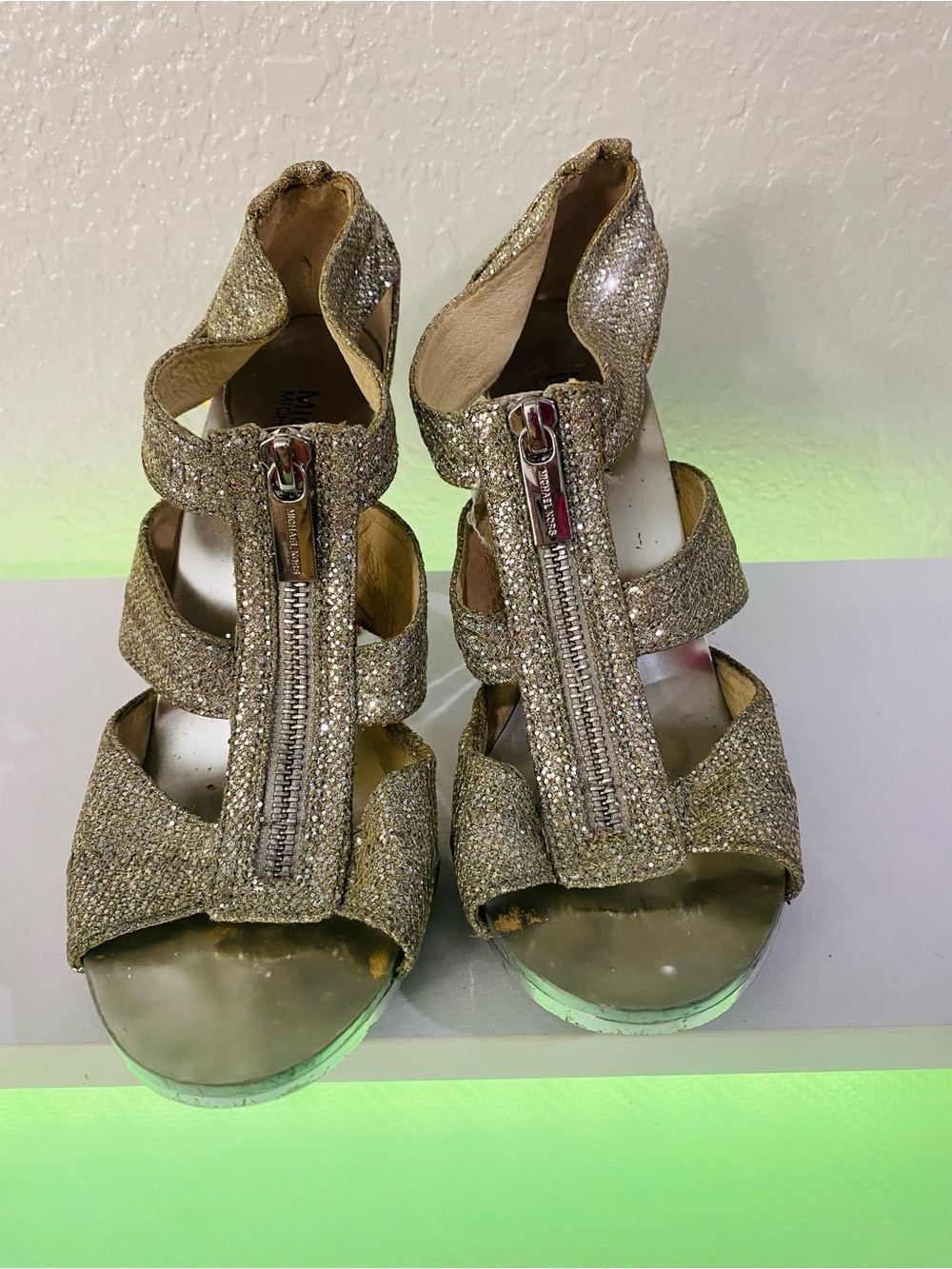 Michael Kors Women’s Gold/Silver Strappy Open Toe Glitter Zip Heels 7
